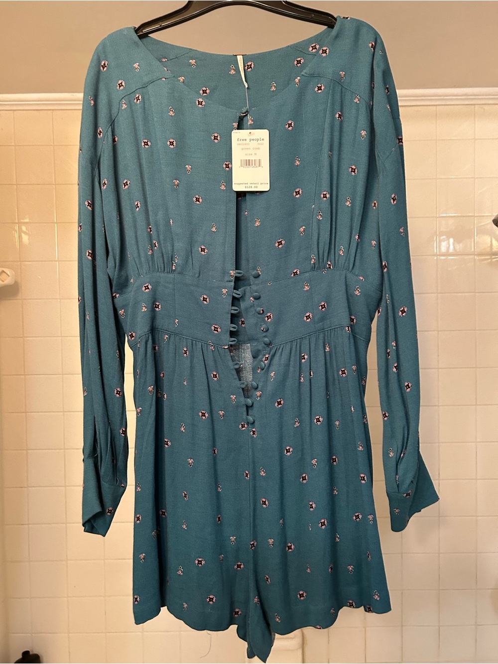 Free People Teal Long-Sleeve Floral Romper